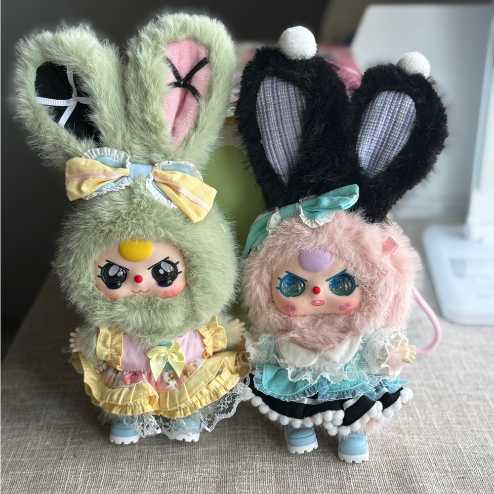 Whimsical Plush Bunny Dolls - Black and Green